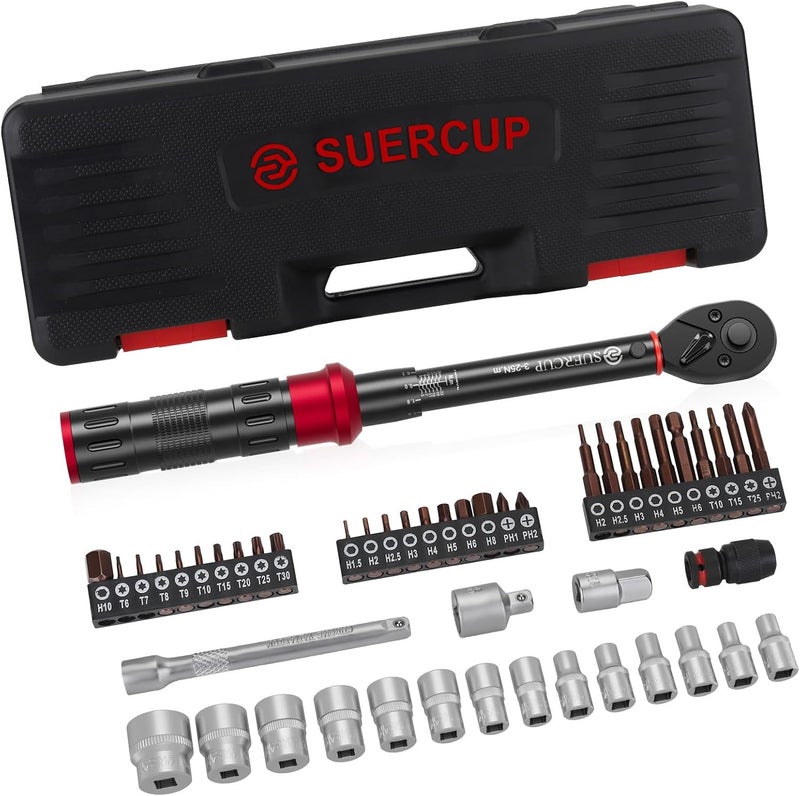 SUERCUP 1/4" 50 PCS Torque Wrench Set, 3-25Nm 72 Tooth Drive Click Torque Wrench Set with S2 Bit Sockets, 1/4" Extension Bar and 3/8" Adapter, Used for Bicycle Maintenance and DIY - Image 1